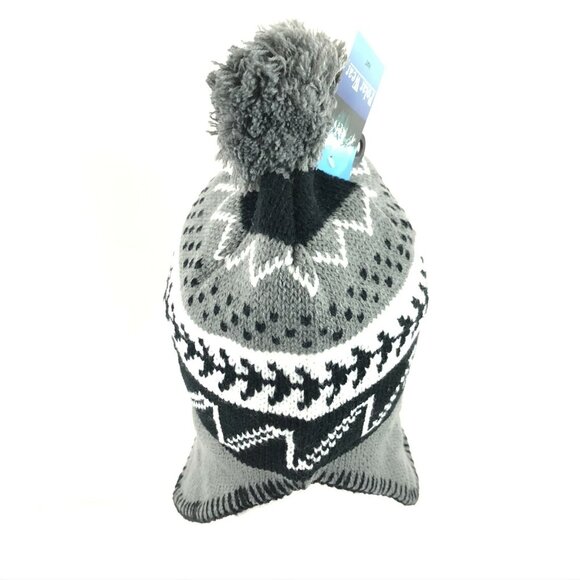 Polar Wear Kids Beanie Hat Ear Flaps Fleece Lined Striped Knit Pom Gray Black OS - Picture 4 of 6